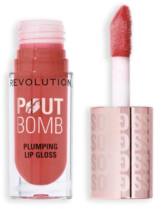 Een lipglossfles met roze-rode glans en een witte applicator met roze glans.
