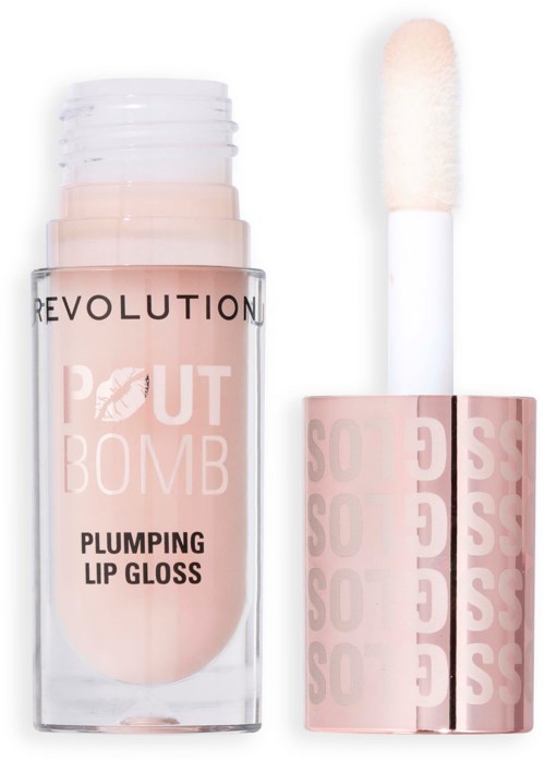 Lippenbalsem in een roze en doorzichtige fles, gemarkeerd Revolution Pout Bomb, met een witte applicatorstift.