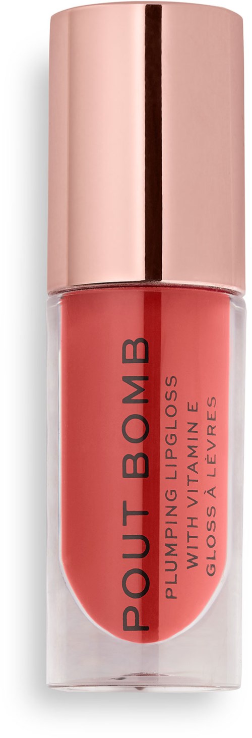 Lippen glosse in einem Tube mit Goldkappe, beschriftet 'POUT BOMB', in pinkem Korallenfarb.