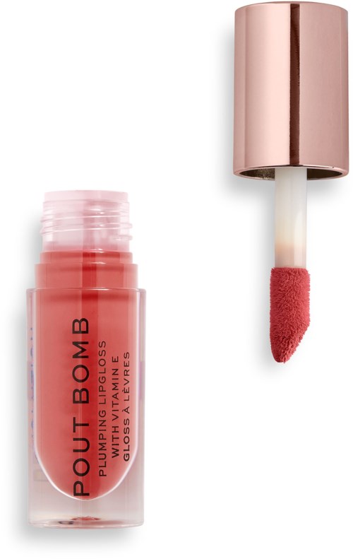 Ein pinkfarbener Lipgloss-Behälter mit Deckel und Applikator mit pinker Schwammespitze. Das Etikett zeigt, dass es ein aufpolsternder Glanz ist.