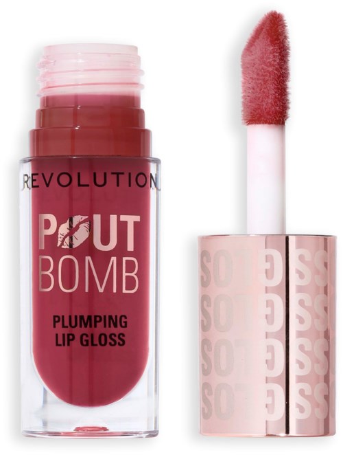 Een lipglossflesje met label 'Plumping Lip Gloss' in roze tint, met bijpassende applicator.