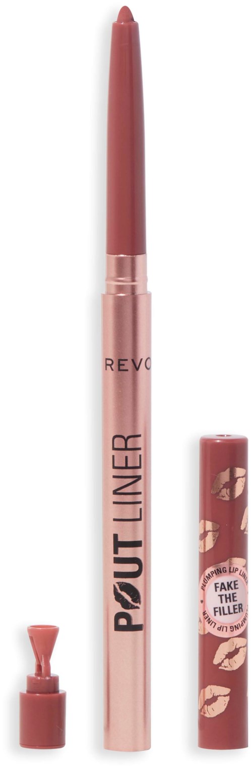 En rosa läppkonturpenna med lock, märkt "POUT LINER," och en separat lock dekorerad med läppar.