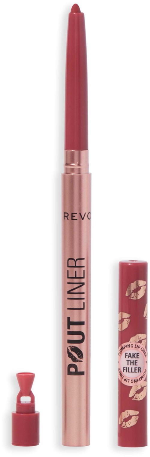 Rózowa kredka do ust z nakrętką z motywem ust i tekstem 'Fake the Fuller' oraz 'Point Liner'.