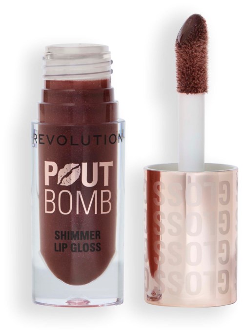 Läppglansrör med glittrigt brunt gloss och en applikator med svamp.