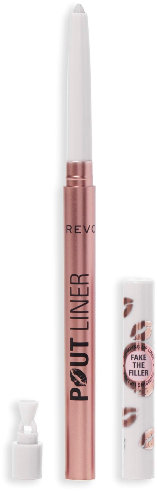 Ett rosa rör med vit spets, märkt "POUT LINER" och "Revolution," samt en kapsel med läppar och "Fake the Filler."
