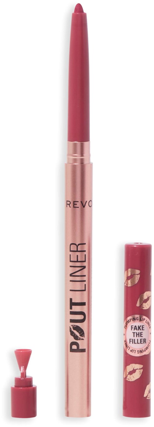  Läppennapenn med rosa lock och en läppstift nyans, märkt 'POUT LINER' och 'REVO,' inklusive ett avtagbart lock.