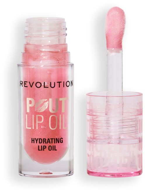 Ett rosa läppolja i en genomskinlig tub med applikator, märkt 'Revolution Pout Lip Oil Hydrating Lip Oil.'