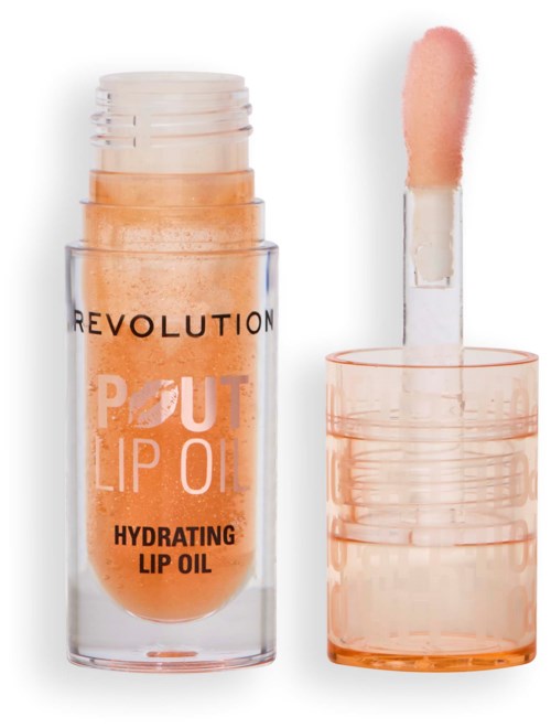En tub med ljus persikofärgad läppolja med applikatorborste utanför flaskan. Etiketten säger 'Revolution Pout Lip Oil Hydrating Lip Oil.'