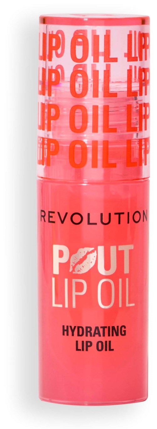 En rosa läppbalsamrör med texten 'REVOLUTION POUT LIP OIL' och 'HYDRATING' och upprepad 'OIL' runt toppen.