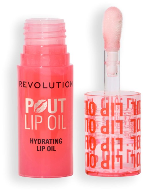Rosa läppolja med applikator, märkt 'Revolution Pout Lip Oil Hydrating Lip Oil'.