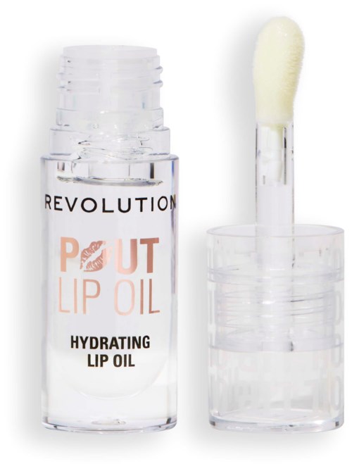Läppolja i en genomskinlig flaska, med en vit applicator och ett transparent lock.