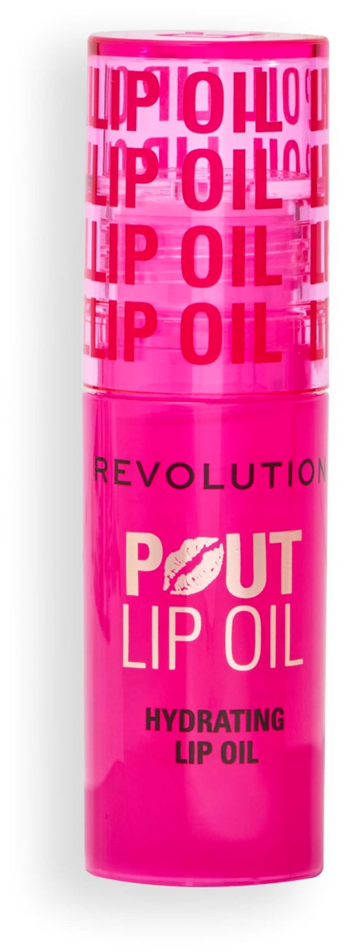Rosa flaska med texten 'Revolution Pout Lip Oil' och design, som visar en återfuktande läppolja.