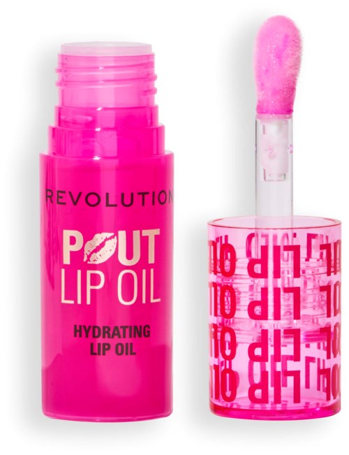 Rosa läppolja i flaska med applikator, märkt 'Revolution Pout Lip Oil Hydrating Lip Oil'.