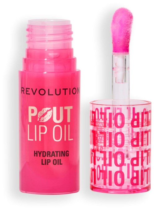 Pink läppolja med applikator, i en rosa flaska, märkt 'Revolution Pout Lip Oil Hydrating Lip Oil.'