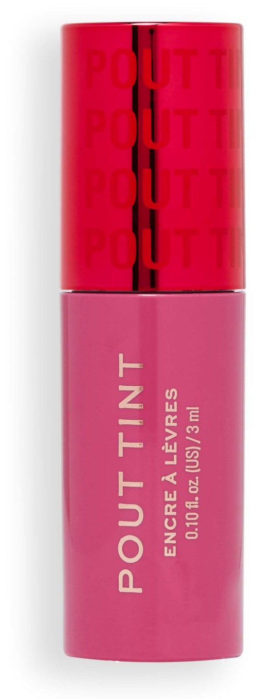 En rosa läppfärgflaska med röd topp och upprepad "POUT"-textdesign. Den står för "Encourages Flaunting" och rymmer 3 ml.