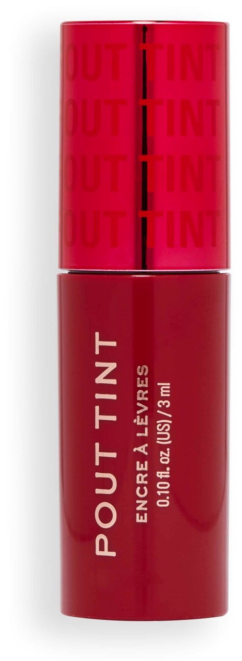 Röd läppglansflaska med vit text och en svart linje, märkt 'POUT TINT' och 'ENCRE À LÈVRES'.