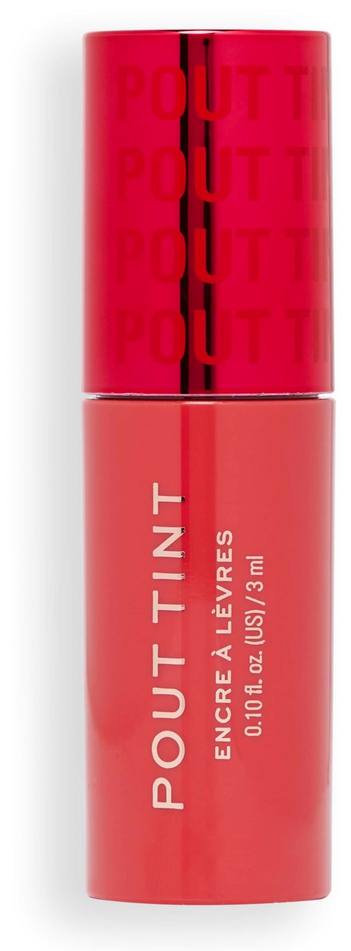 En korallrosa läppfärg med silverlock, märkt 'POUT TINT' och 'ENGAGE LÉVRES' i vitt.