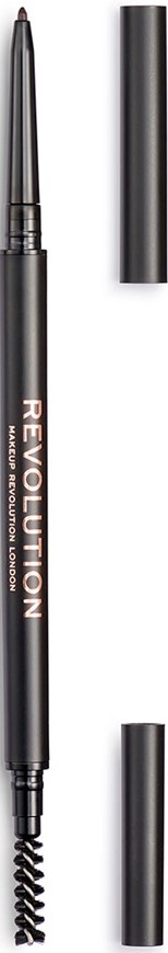 En svart øyenbrynspenn med en spoolie-børste på den ene enden og et hette på den andre. Ordet 'REVOLUTION' er skrevet på den.