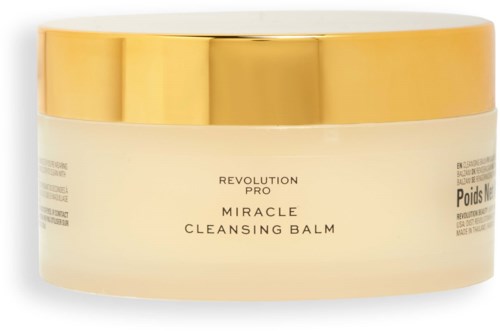 En burk med Revolution Pro Miracle Cleansing Balm med guldfärgad lock och ljus behållare.