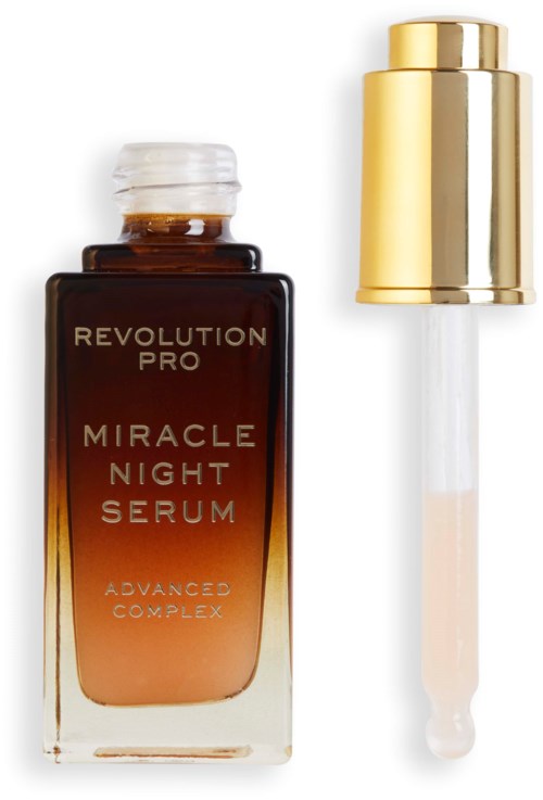 A brown bottle with a dropper and gold cap contains a serum named Miracle Night Serum by Revolution Pro.