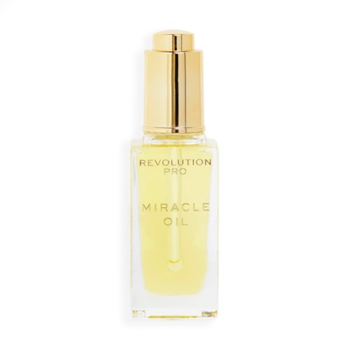 En liten glasflaska med guldlock, märkt 'Miracle Oil' och 'Revolution Pro'.