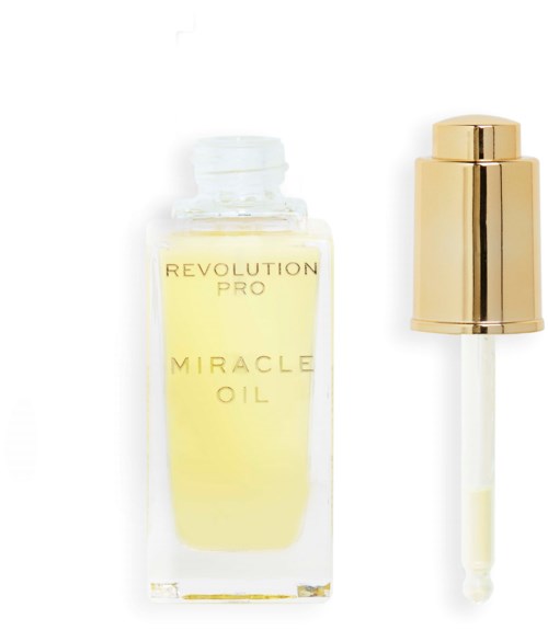 En liten tydlig flaska märkt Revolution Pro Miracle Oil med ett guldlock och pipett.