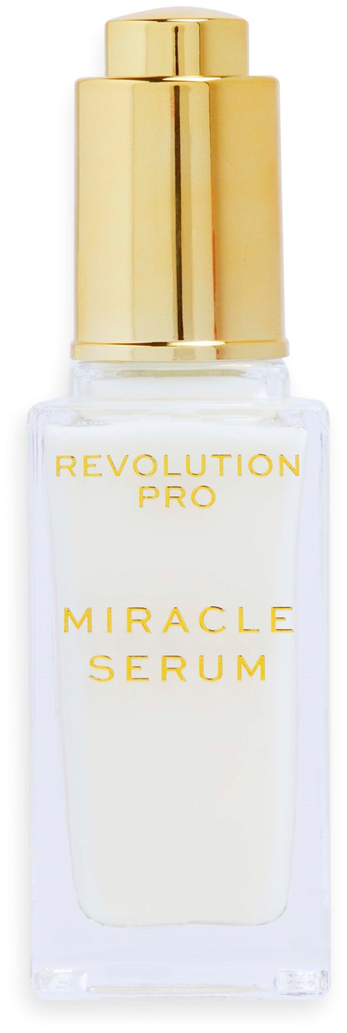 Eine klare Flasche mit goldener Kappe und gelber Beschriftung, gekennzeichnet als Miracle Serum von Revolution Pro.