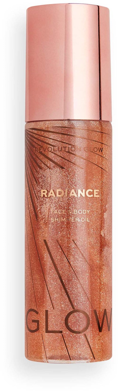 En sprayflaske med rosa hette og rosa og oransje etikett, merket "Radiance Glow".