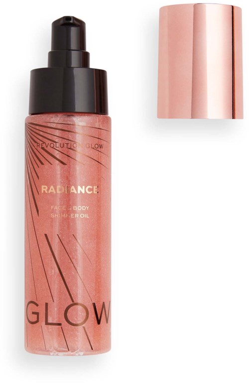 En rosa flaske med sort pumpe og rosa lokk ved siden av. Flasken er merket 'Radiance' og 'Glow'.