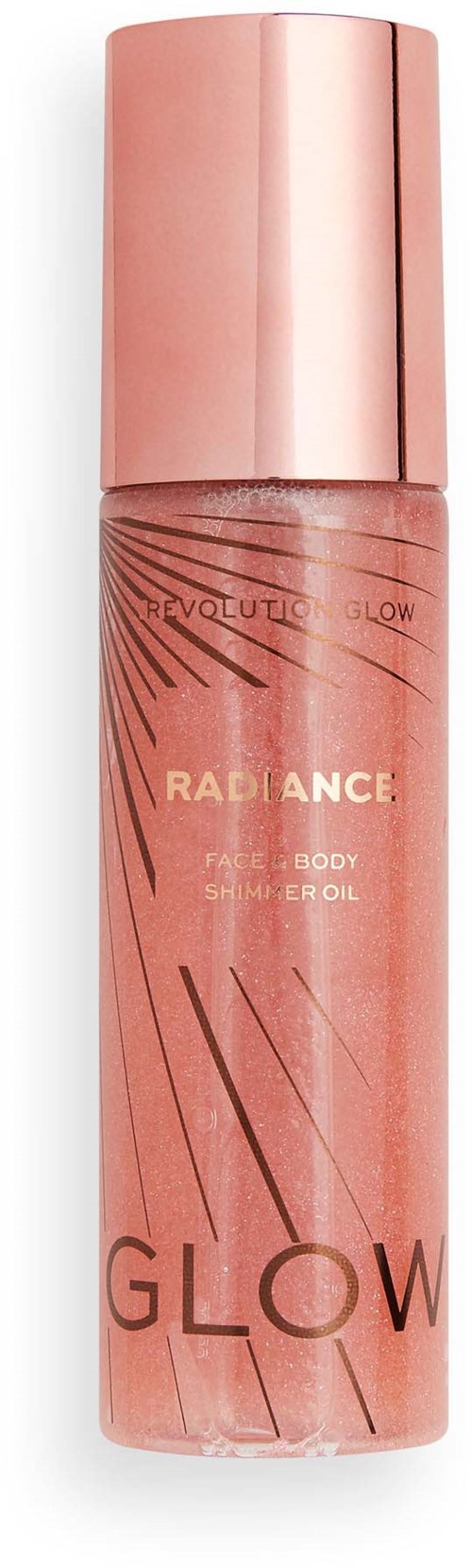En rosa sprayflaske merket 'Glow' med gullhode og abstrakte linjemønstre.