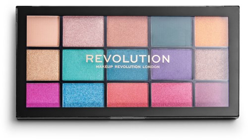 En färgstark sminkpalett med 12 olika nyanser, märkt "Revolution" och "Makeup Revolution London".