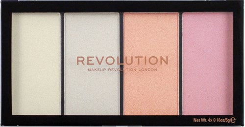 Fyra rouge nyanser i ett svart fodral, märkt 'Revolution Makeup London' med netto viktuppgifter.