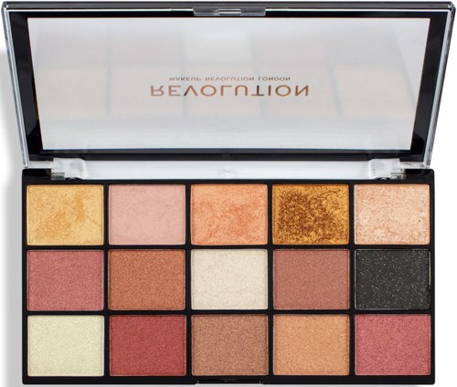 A makeup palette with fifteen different eyeshadow shades in various colors, in a black case with a mirror.