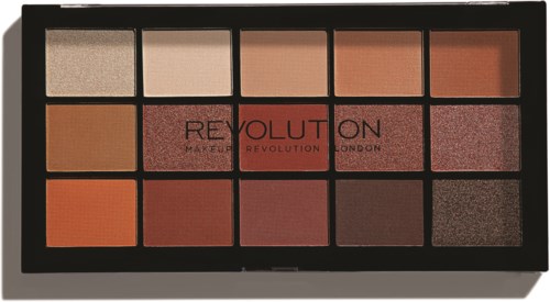 Ögonskuggspalett med 15 färger i neutrala, orange och rosa toner. Svart case, märke på omslaget.