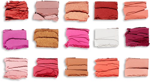 Flera färgprover i olika nyanser, inklusive rosa, rött, beige, brunt, vitt och lila, ordnade i tre rader.