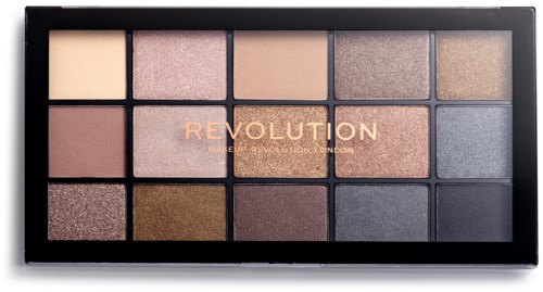 En makeup-palett med 15 ögonskuggor i olika nyanser i ett svart fodral med genomskilning.
