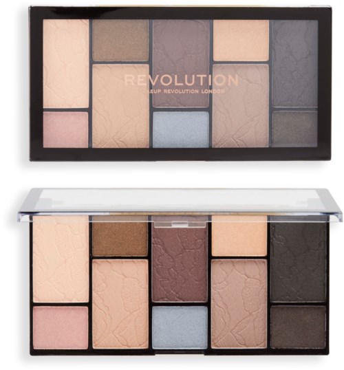 Een make-uppalette met meerdere tinten, waaronder roze, bruin, grijs en zwart, in kleine rechthoekige vormen.