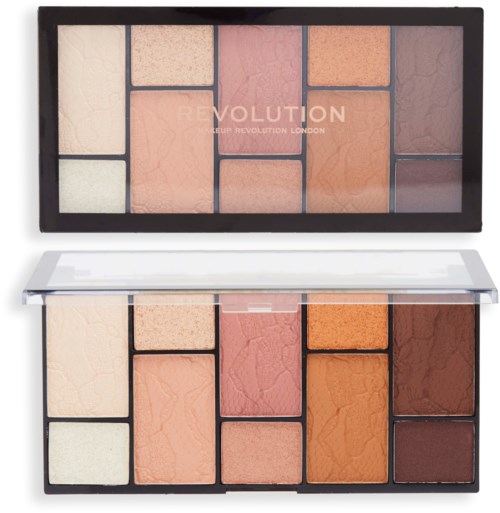 Sminke palett med ulike nyanser av rosa, beige, oransje og brunt, noen med sprukken tekstur.