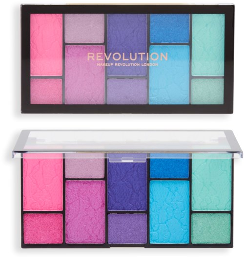Makeuppalett med rosa, lilla, blå og grønn toner, noen er sprukket eller teksturert. Teksten sier "REVOLUTION" og "MAKEUP REVOLUTION LONDON."
