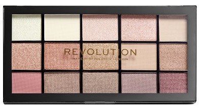 En sminkpalett med tolv olika nyanser av rosa, beige och brunt i en svart rektangulär plastlåda.