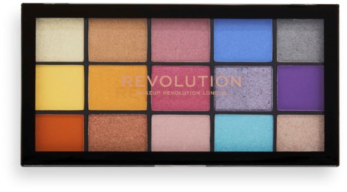 A colorful eyeshadow palette with twelve shades in rectangular pans, labeled 'REVOLUTION' on the cover.