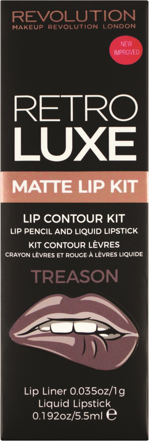 A black box with pink and white text offers a matte lip kit called Retro Luxe by Revolution. It includes lip liner and lipstick.