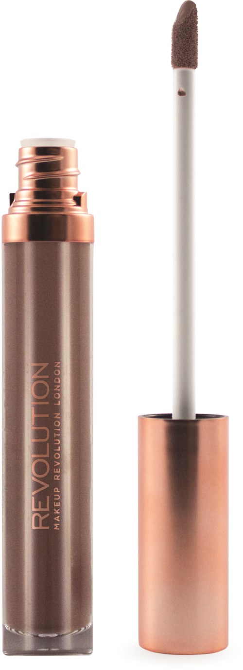 Lip gloss tube with applicator wand, rose gold color, and the product name "Revolution" on it.