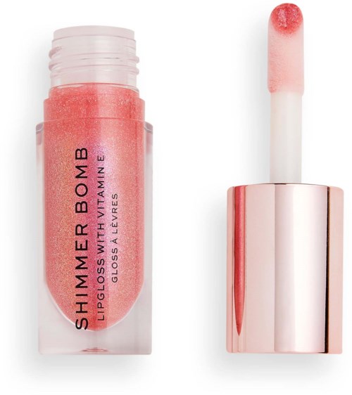 Rosa Lippen Gloss mit glänzendem metallischem Roségoldverschluss und weißem Applikator.