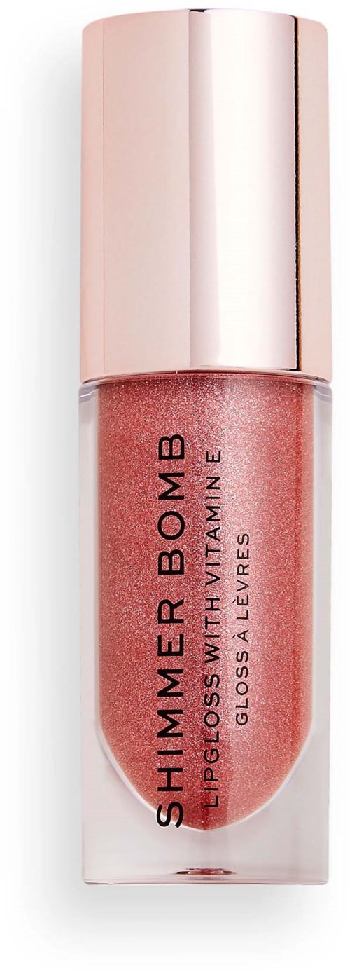Ein glänzender, pinker Lippenstift mit silberner Kappe, beschriftet 'SHIMMER BOMBS' und 'GLOSS WITH VITAMIN E'.