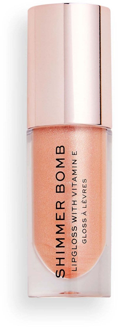 Eine kleine, glänzende Flasche Lipgloss mit der Aufschrift 'Shimmer Bomb' und roségoldener Kappe.