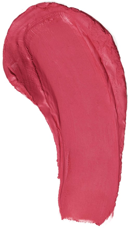 Ett brett, kurvat penseldrag av rosa-röd färg på en vit bakgrund.
