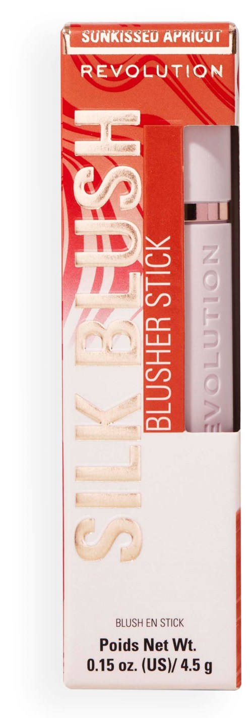 En röd och vit box med Revolution Sunkissu Apricot Blusher Stick och en synlig produkt inuti.