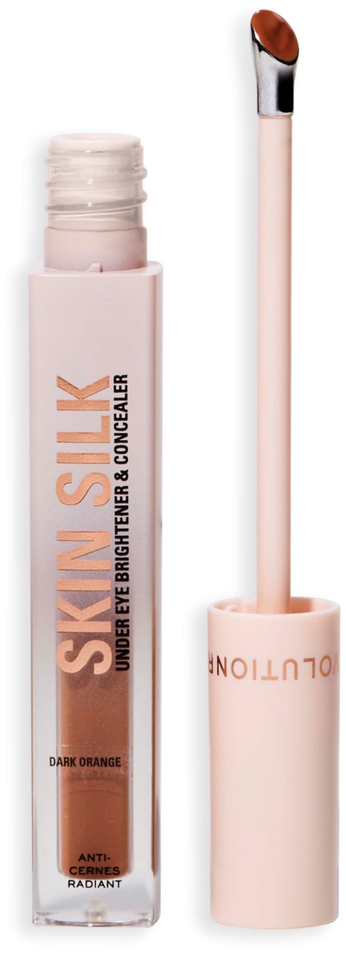 A lip gloss tube labeled 'Skin Silky,' with an applicator brush showing a dark orange product.