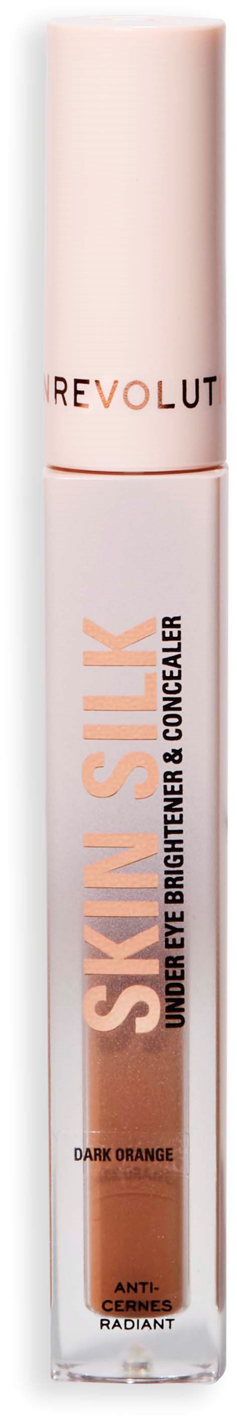 A bottle of Revolution makeup concealer, labeled 'SILKY SKIN', for dark circles and brightening under eyes.